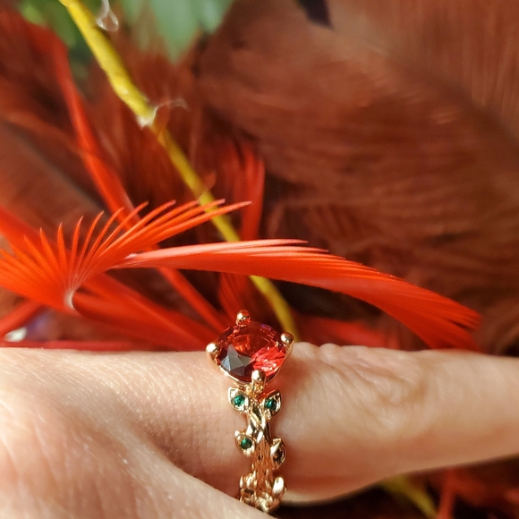 Grand Romantic Gesture Red Ruby Rose Emerald Green Leaf Gemstone 925 Golden Ring - Picture 9 of 16